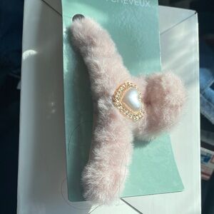 Fuzzy Pink Hair Clip with Pearl Accent